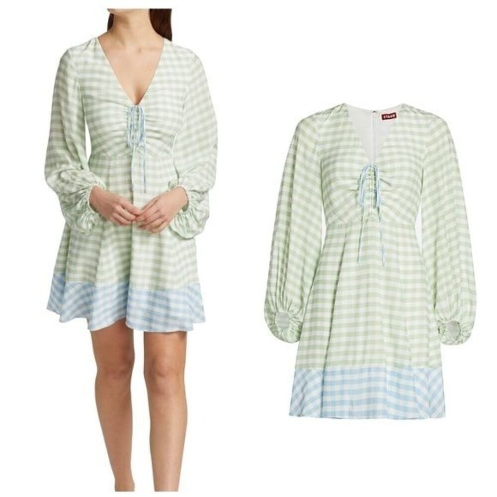 STAUD Olivier Gingham Mini Dress Green Blue Size 2 NWT